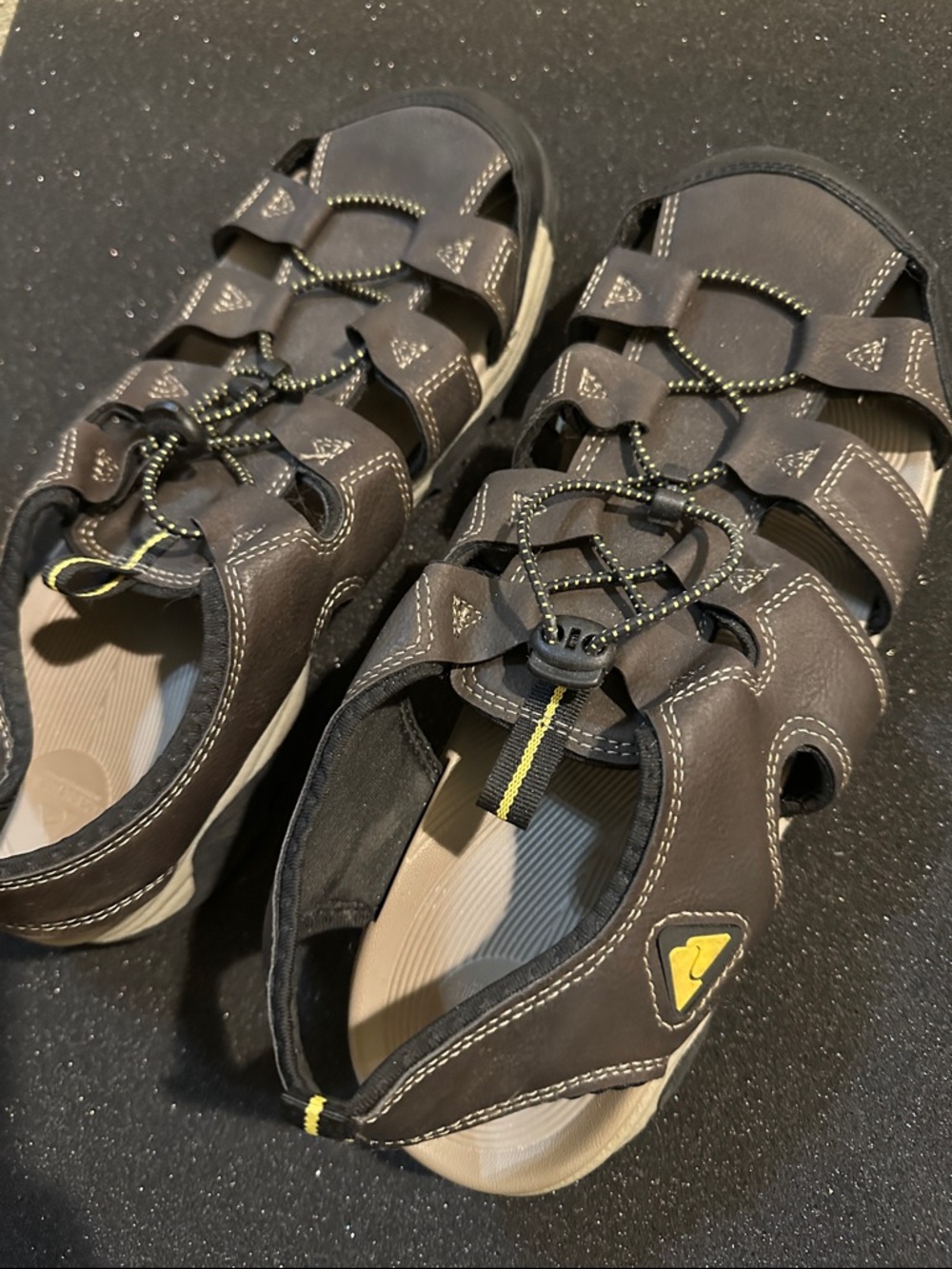 Ozark trail Men's Dark faux  Leather Closed-Toe Sandals with Yellow Accents